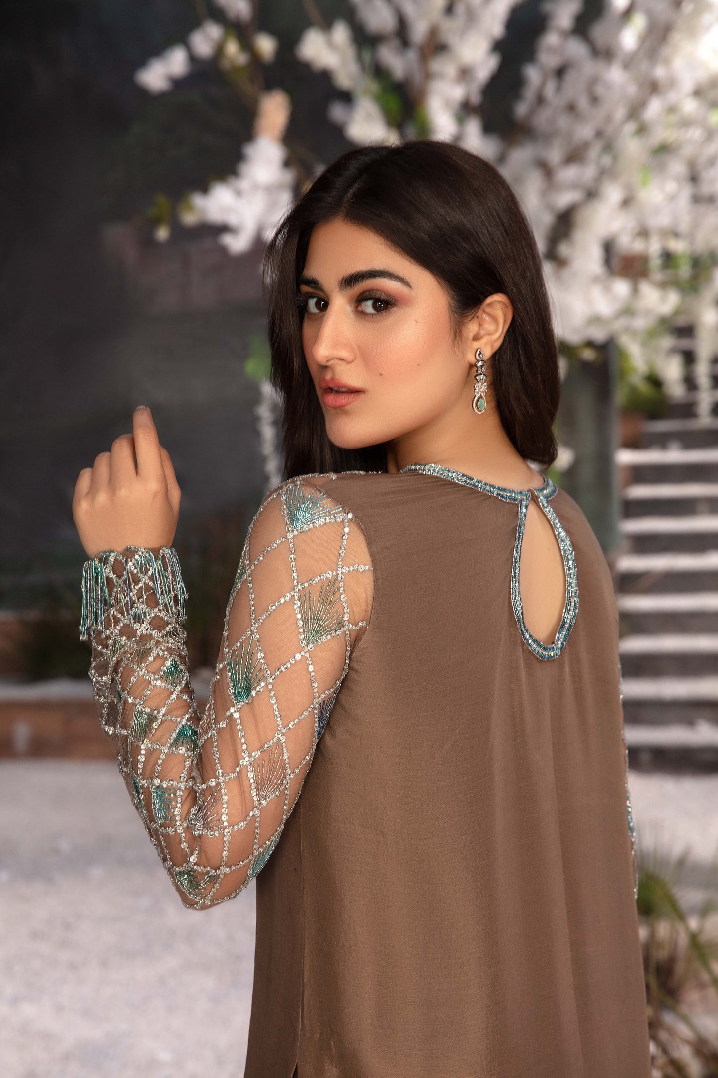 Hina Afridi - EMBELLISHED LONG BROWN OUTFIT  | 70% OFF