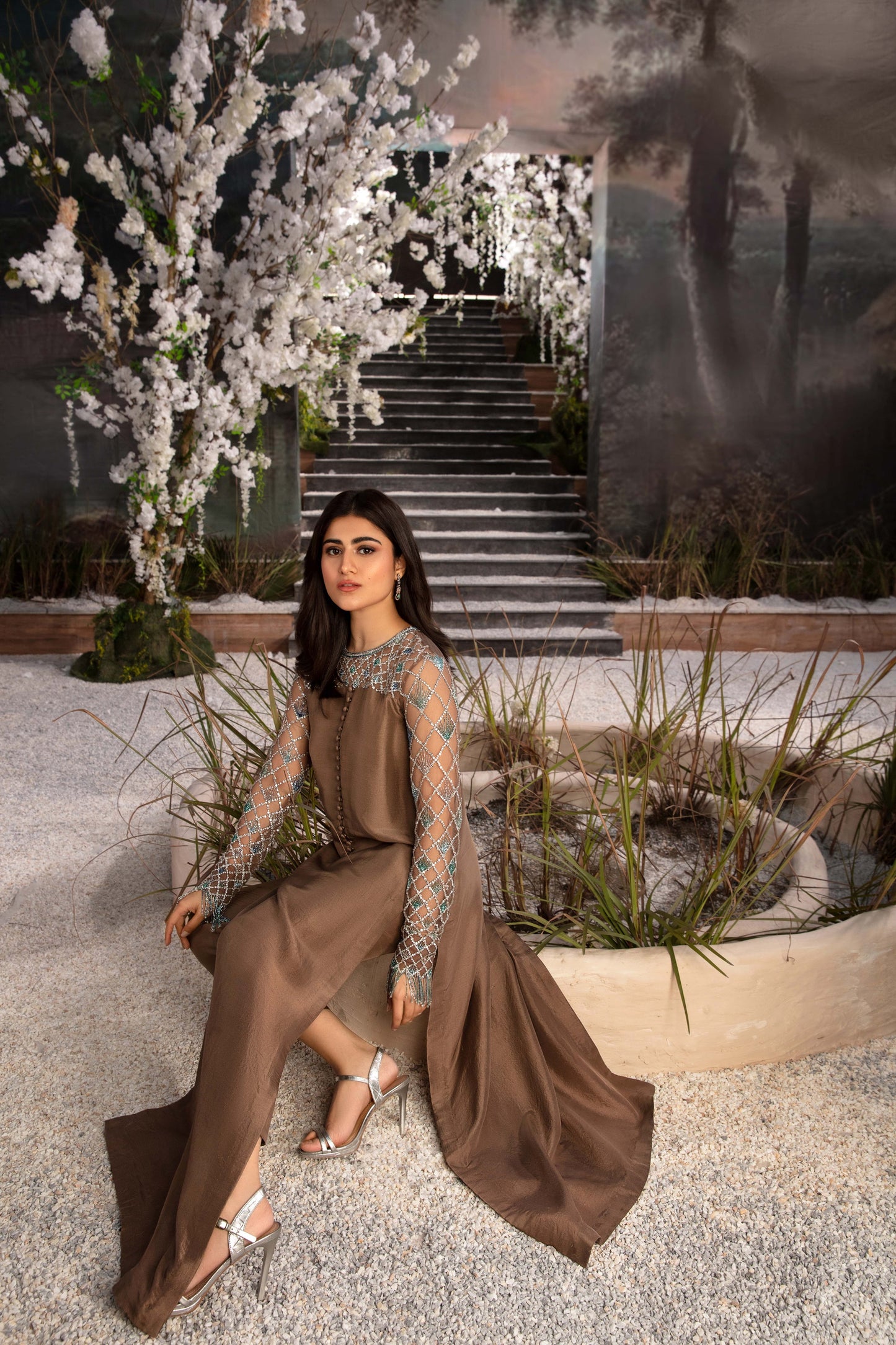 Hina Afridi - EMBELLISHED LONG BROWN OUTFIT  | 70% OFF