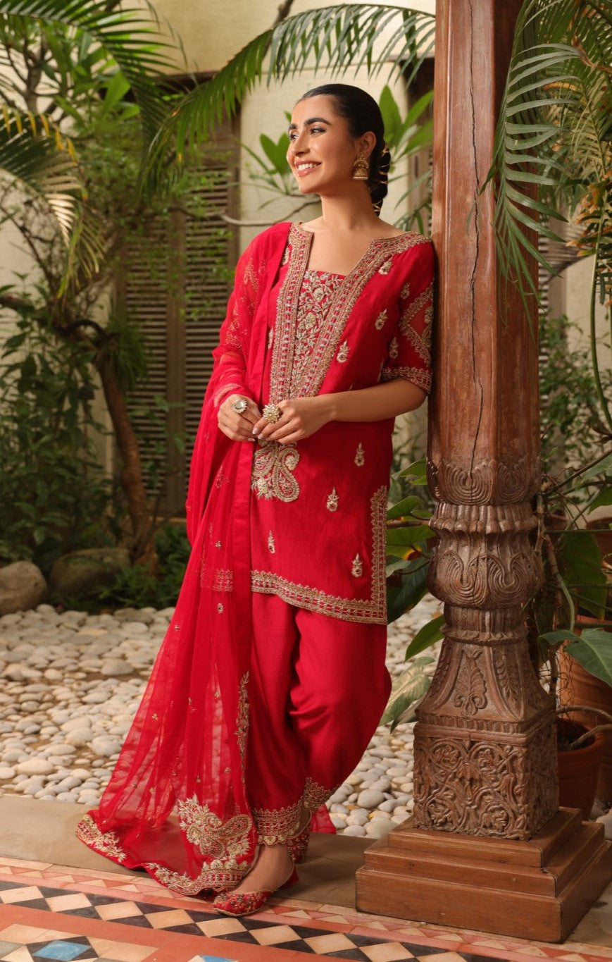 Anmol Baloch - Red Raw Silk Shirt, Trouser and Dupatta Outfit | Reshmi Shirt | 50% OFF | COD