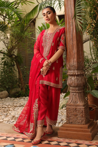 Anmol Baloch - Red Raw Silk Shirt, Trouser and Dupatta Outfit | Reshmi Shirt | 50% OFF | COD