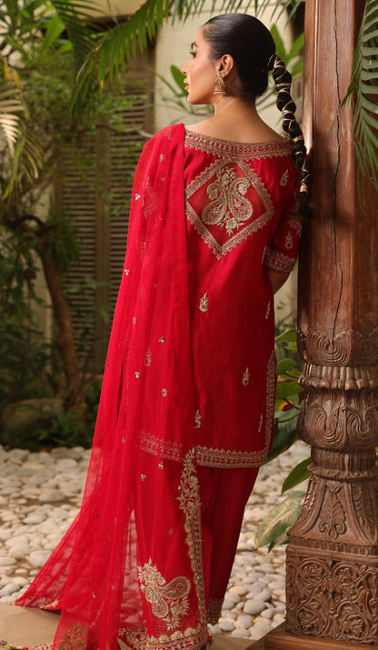 Anmol Baloch - Red Raw Silk Shirt, Trouser and Dupatta Outfit | Reshmi Shirt | 50% OFF | COD
