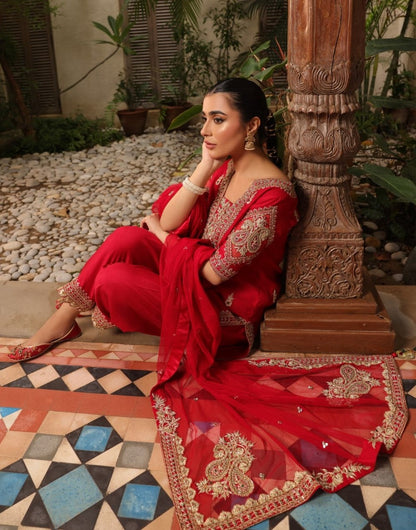 Anmol Baloch - Red Raw Silk Shirt, Trouser and Dupatta Outfit | Reshmi Shirt | 50% OFF | COD