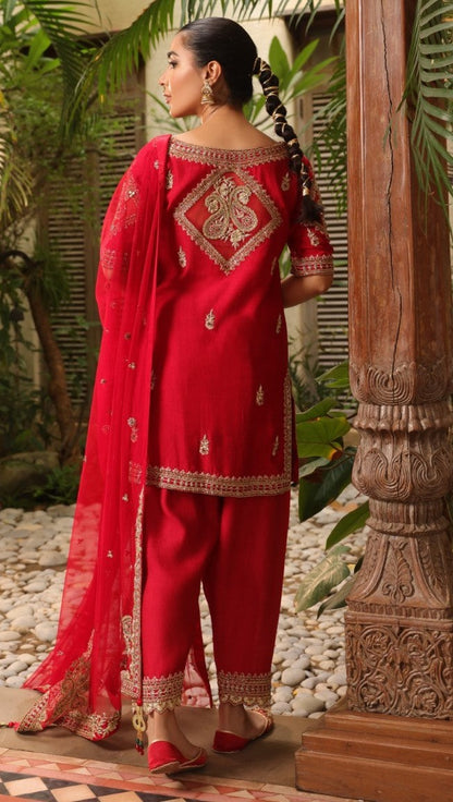Anmol Baloch - Red Raw Silk Shirt, Trouser and Dupatta Outfit | Reshmi Shirt | 50% OFF | COD