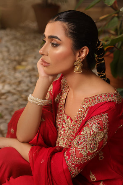 Anmol Baloch - Red Raw Silk Shirt, Trouser and Dupatta Outfit | Reshmi Shirt | 50% OFF | COD