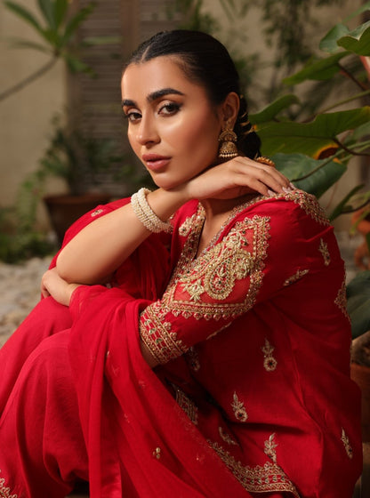 Anmol Baloch - Red Raw Silk Shirt, Trouser and Dupatta Outfit | Reshmi Shirt | 50% OFF | COD