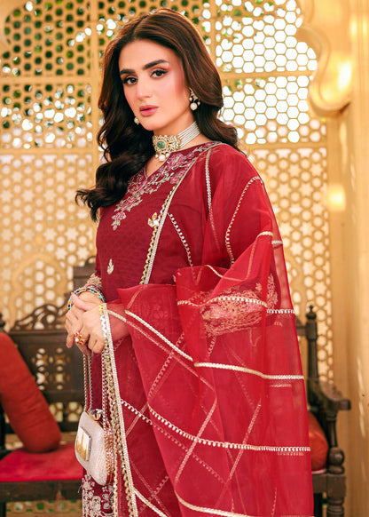 Hira Mani - Embroidered Rose Red Shirt, Ghagra and Dupatta Set  | 42% OFF