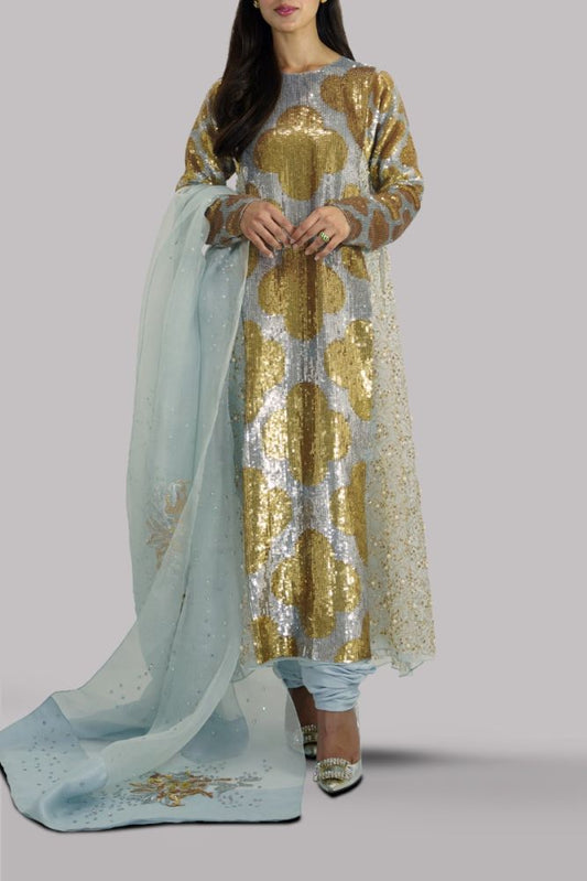 Iqra Aziz AQUAMARINE ORGANZA EMBELLISHED CHURIDAAR | 70% OFF