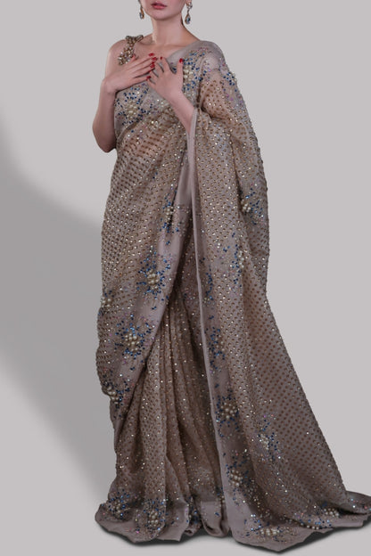 Hania Aamir - Silver Grey Embellished Organza Sari | Cash On Delivery | 60% OFF