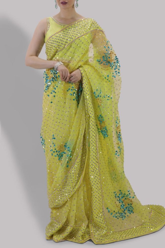 Hania Aamir - Verbena Yellow Embellished Organza Sari | 70% OFF