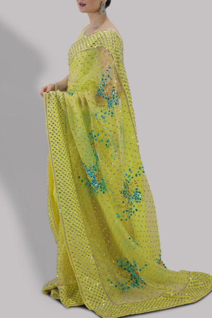 Hania Aamir - Verbena Yellow Embellished Organza Sari | 70% OFF