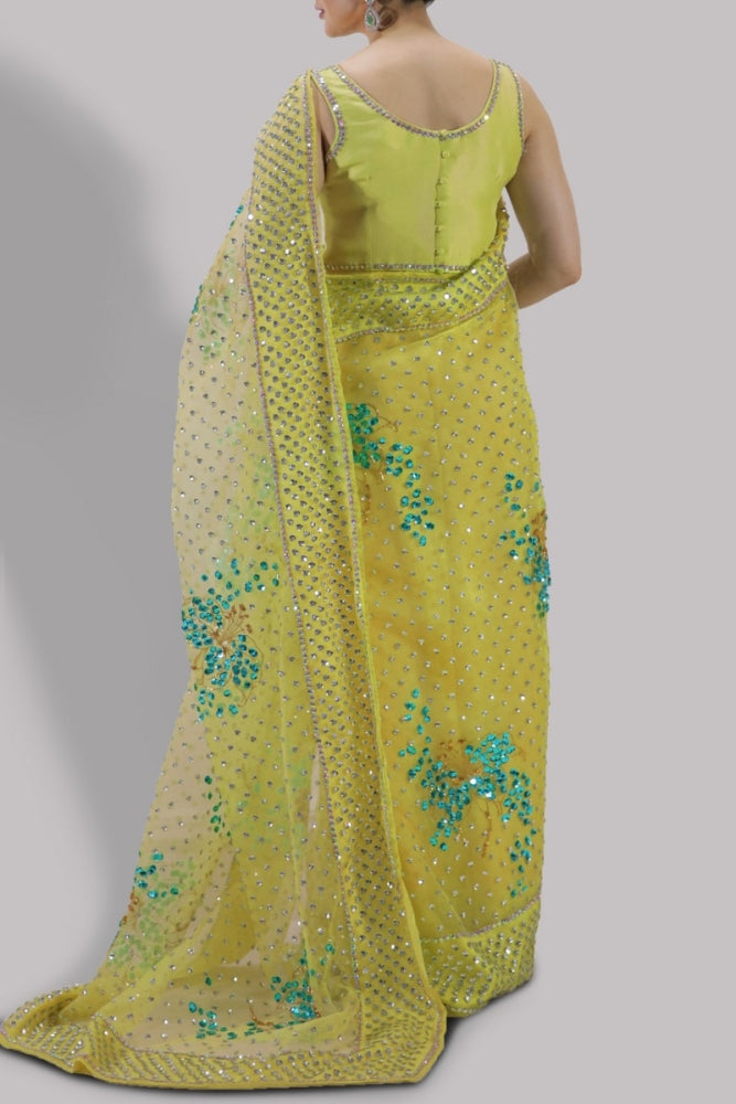 Hania Aamir - Verbena Yellow Embellished Organza Sari | 70% OFF