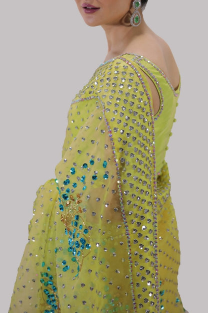 Hania Aamir - Verbena Yellow Embellished Organza Sari | 70% OFF