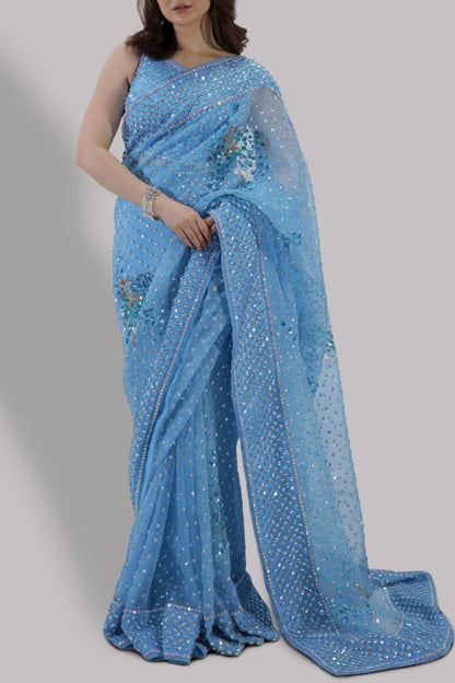 Hania Aamir - Bonnie Blue Embellished Organza Saree | 70% OFF