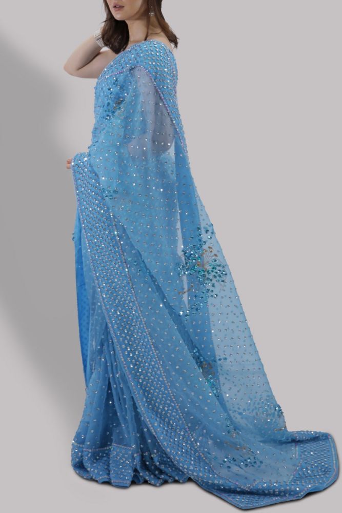 Hania Aamir - Bonnie Blue Embellished Organza Saree | 70% OFF