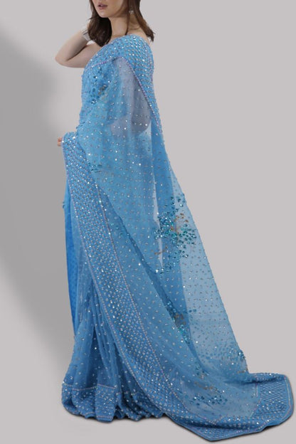 Hania Aamir - Bonnie Blue Embellished Organza Saree | 70% OFF