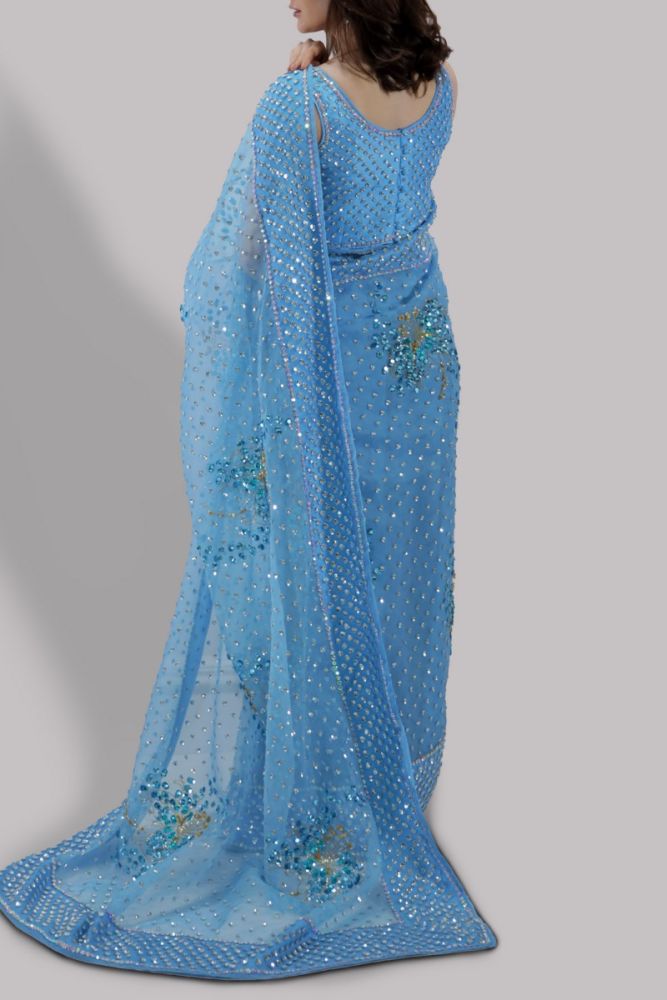 Hania Aamir - Bonnie Blue Embellished Organza Saree | 70% OFF