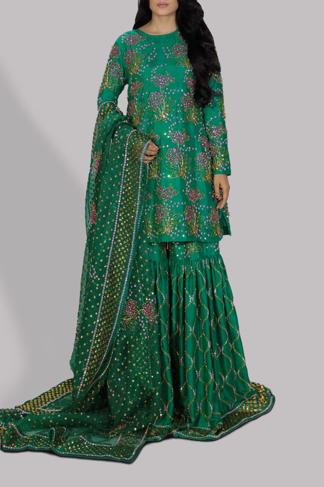 Ayeza Khan - Emerald Green Raw Silk Set | FLAT 70% OFF