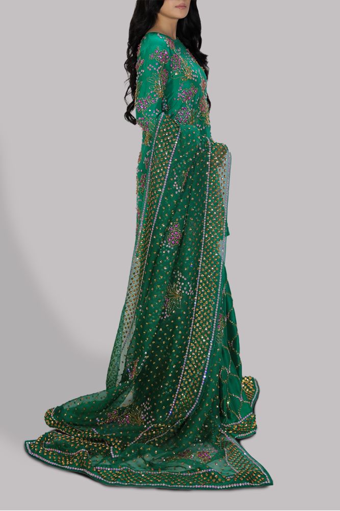 Ayeza Khan - Emerald Green Raw Silk Set | FLAT 70% OFF