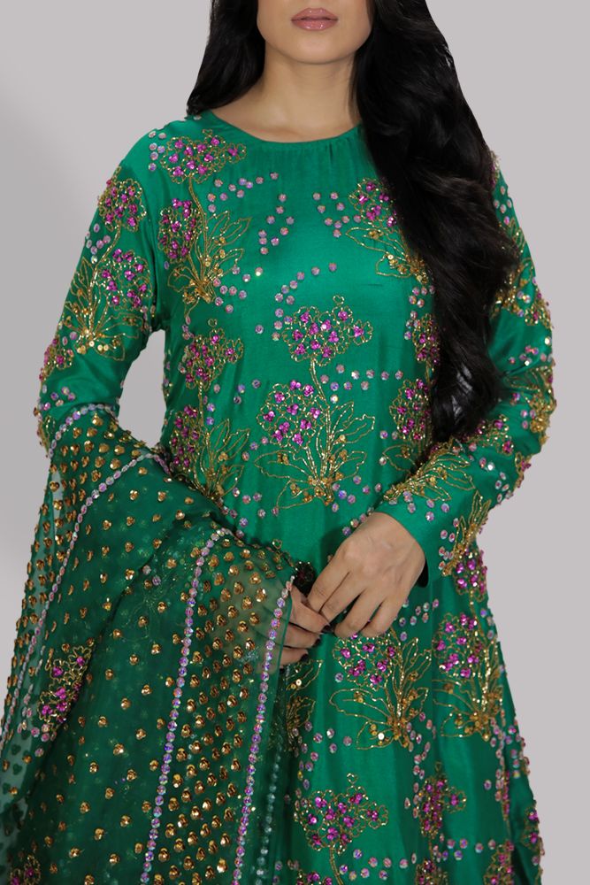 Ayeza Khan - Emerald Green Raw Silk Set | FLAT 70% OFF