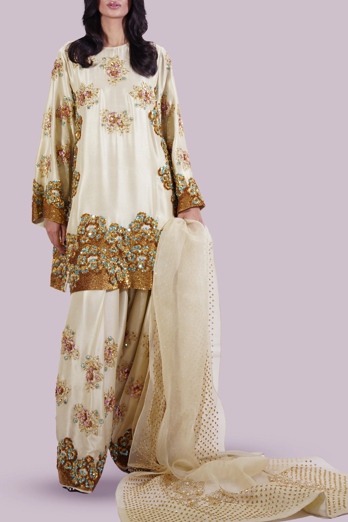 Durefishan Saleem - Lambs Wool Crème Embellished Raw Silk Set - COD | 50% OFF