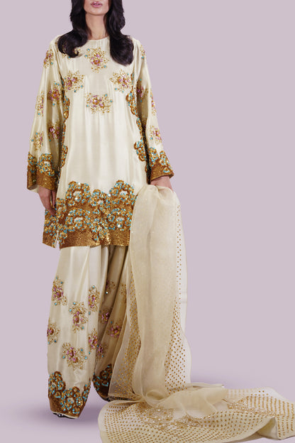 Durefishan Saleem - Lambs Wool Crème Embellished Raw Silk Set - COD | 50% OFF