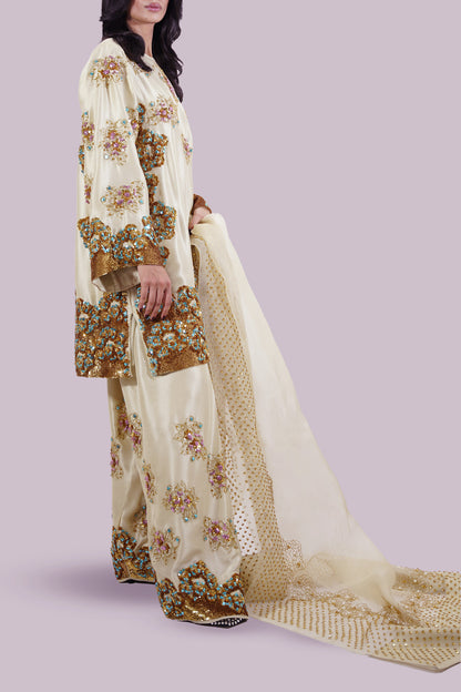 Durefishan Saleem - Lambs Wool Crème Embellished Raw Silk Set - COD | 50% OFF