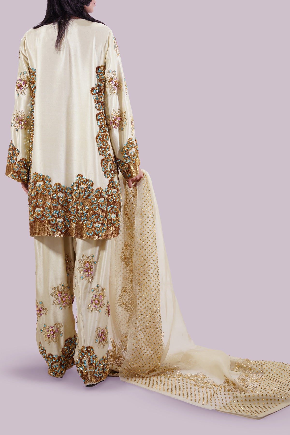 Durefishan Saleem - Lambs Wool Crème Embellished Raw Silk Set - COD | 50% OFF