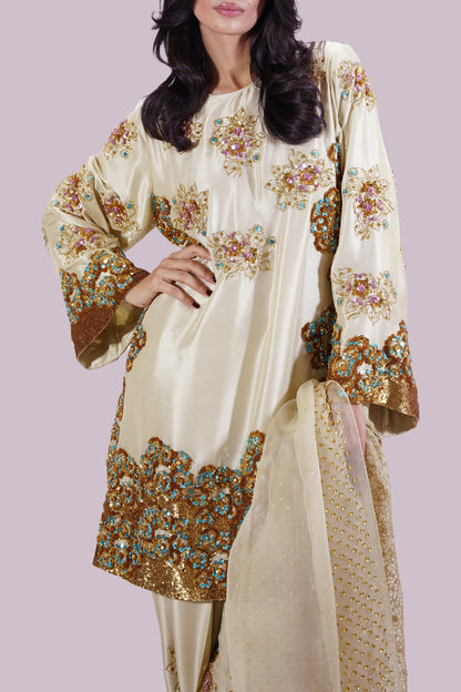 Durefishan Saleem - Lambs Wool Crème Embellished Raw Silk Set - COD | 50% OFF