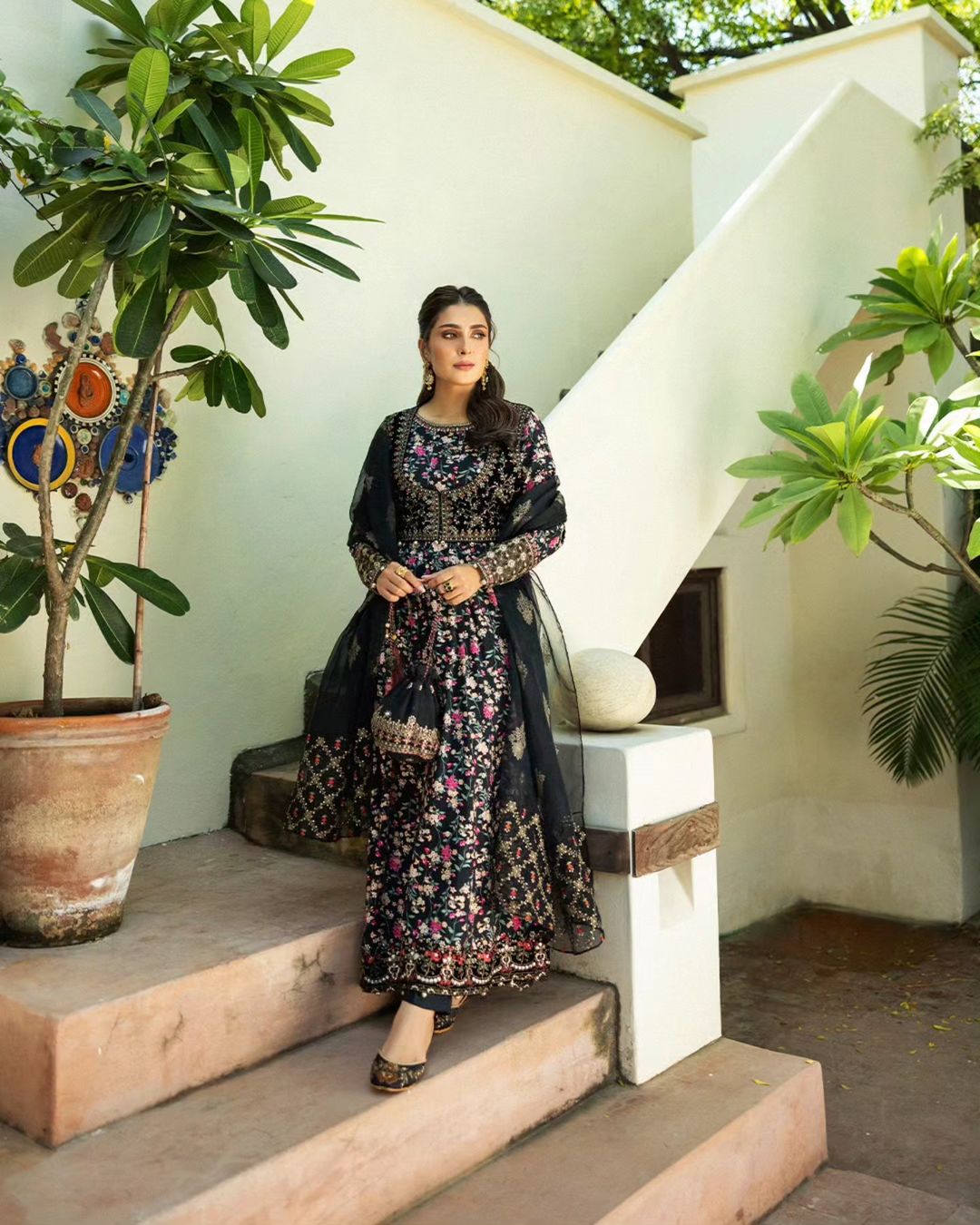 Ayeza Khan -  Black Linen Koti, Long Shirt, Trouser and Dupatta set | 50% OFF