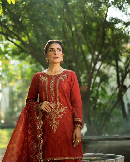 Ayeza Khan - Red Shirt, Trouser and Dupatta dress | 45% OFF