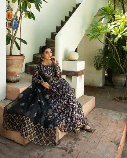 Ayeza Khan -  Black Linen Koti, Long Shirt, Trouser and Dupatta set | 50% OFF