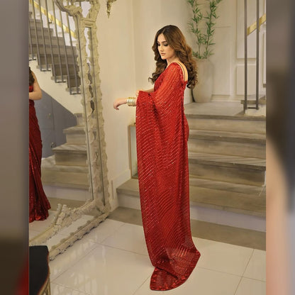 Aiza Awan x Hiba Bukhari - Red Embellished Saree - COD | 60% OFF