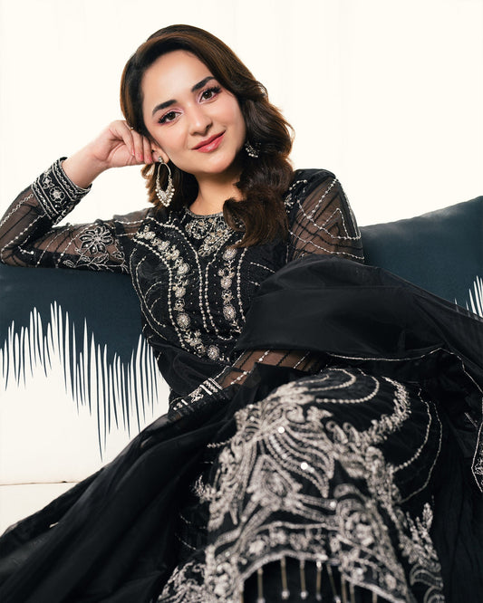 Yumna Zaidi - Black Raw Long Shirt, Ghagra and Duaptta | 50% OFF