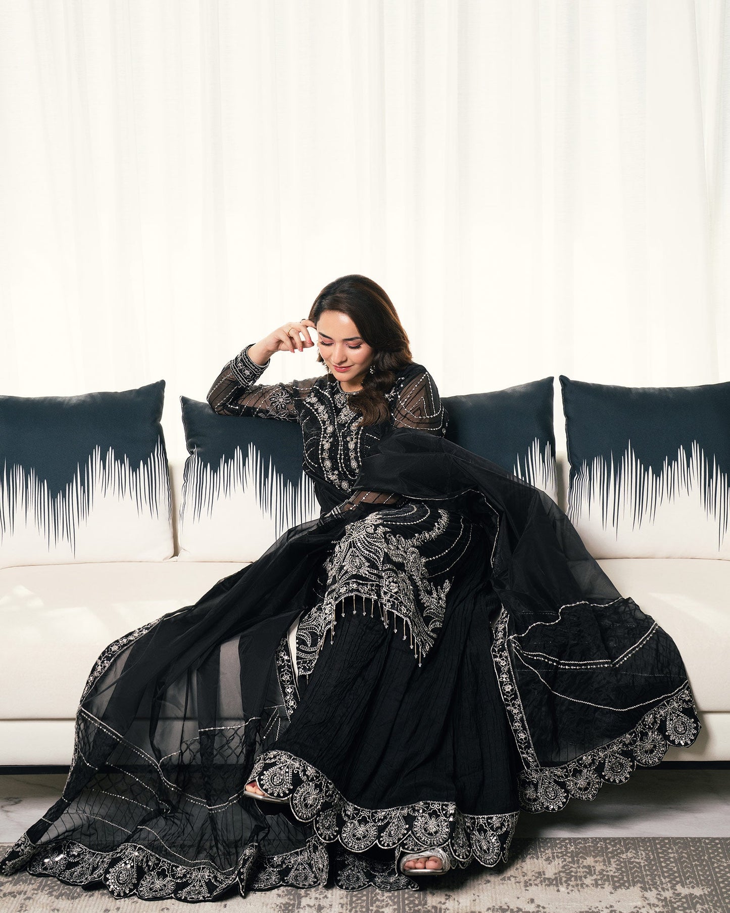 Yumna Zaidi - Black Raw Long Shirt, Ghagra and Duaptta | 50% OFF