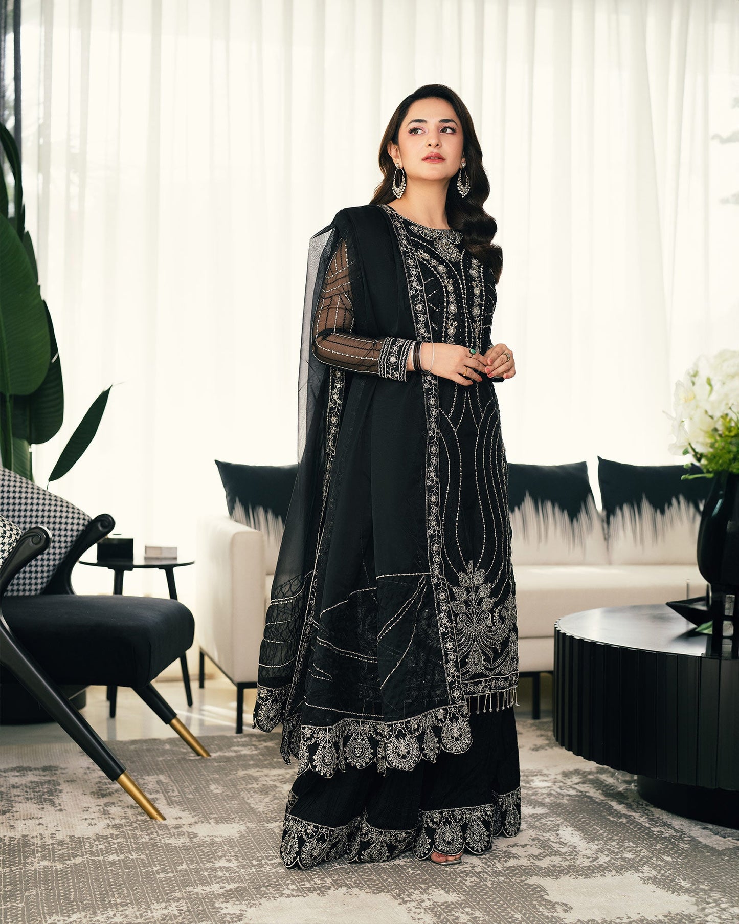 Yumna Zaidi - Black Raw Long Shirt, Ghagra and Duaptta | 50% OFF