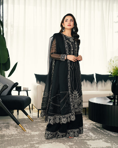 Yumna Zaidi - Black Raw Long Shirt, Ghagra and Duaptta | 50% OFF