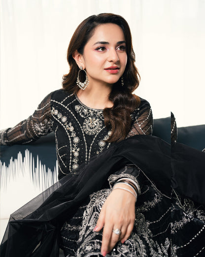 Yumna Zaidi - Black Raw Long Shirt, Ghagra and Duaptta | 50% OFF