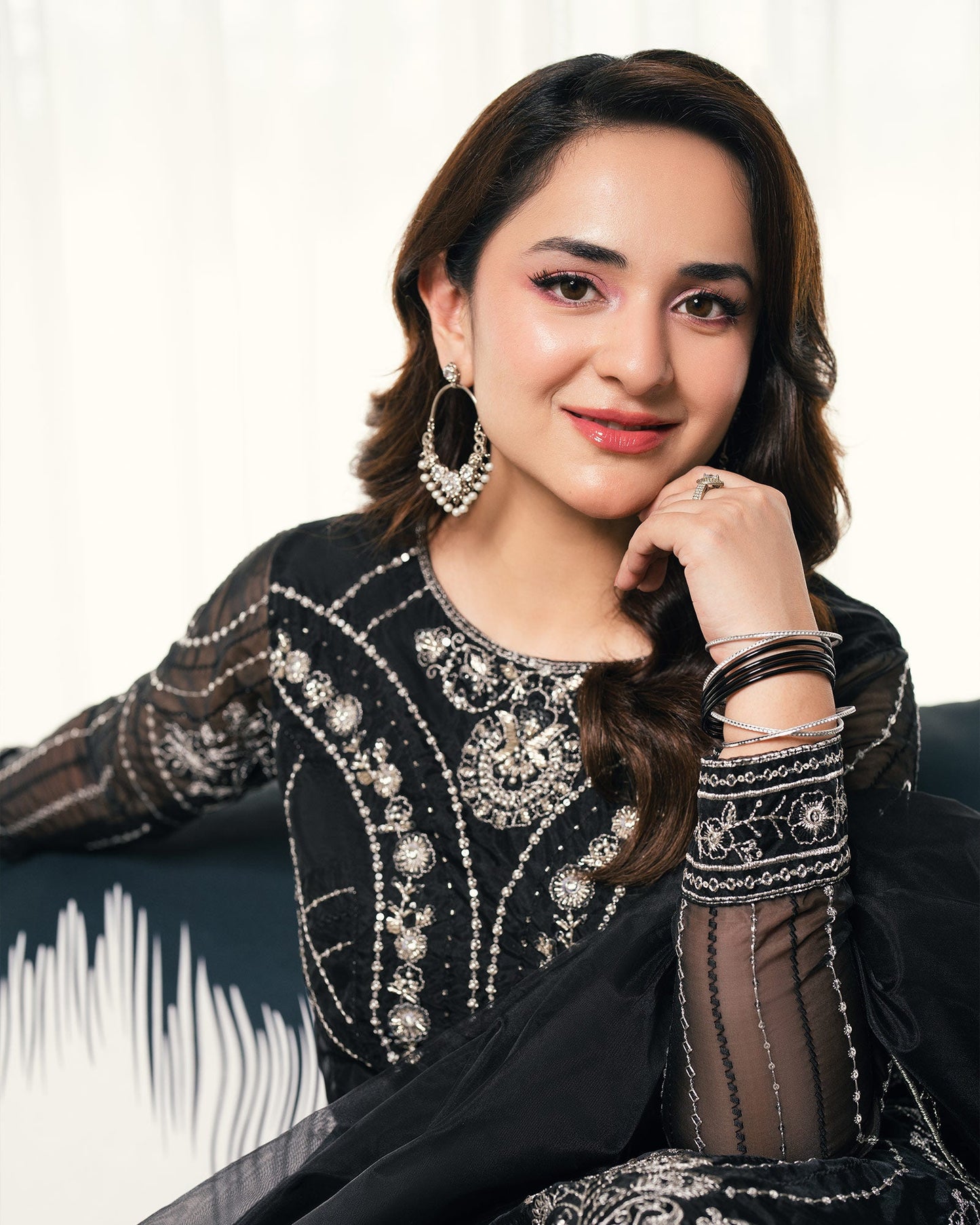 Yumna Zaidi - Black Raw Long Shirt, Ghagra and Duaptta | 50% OFF