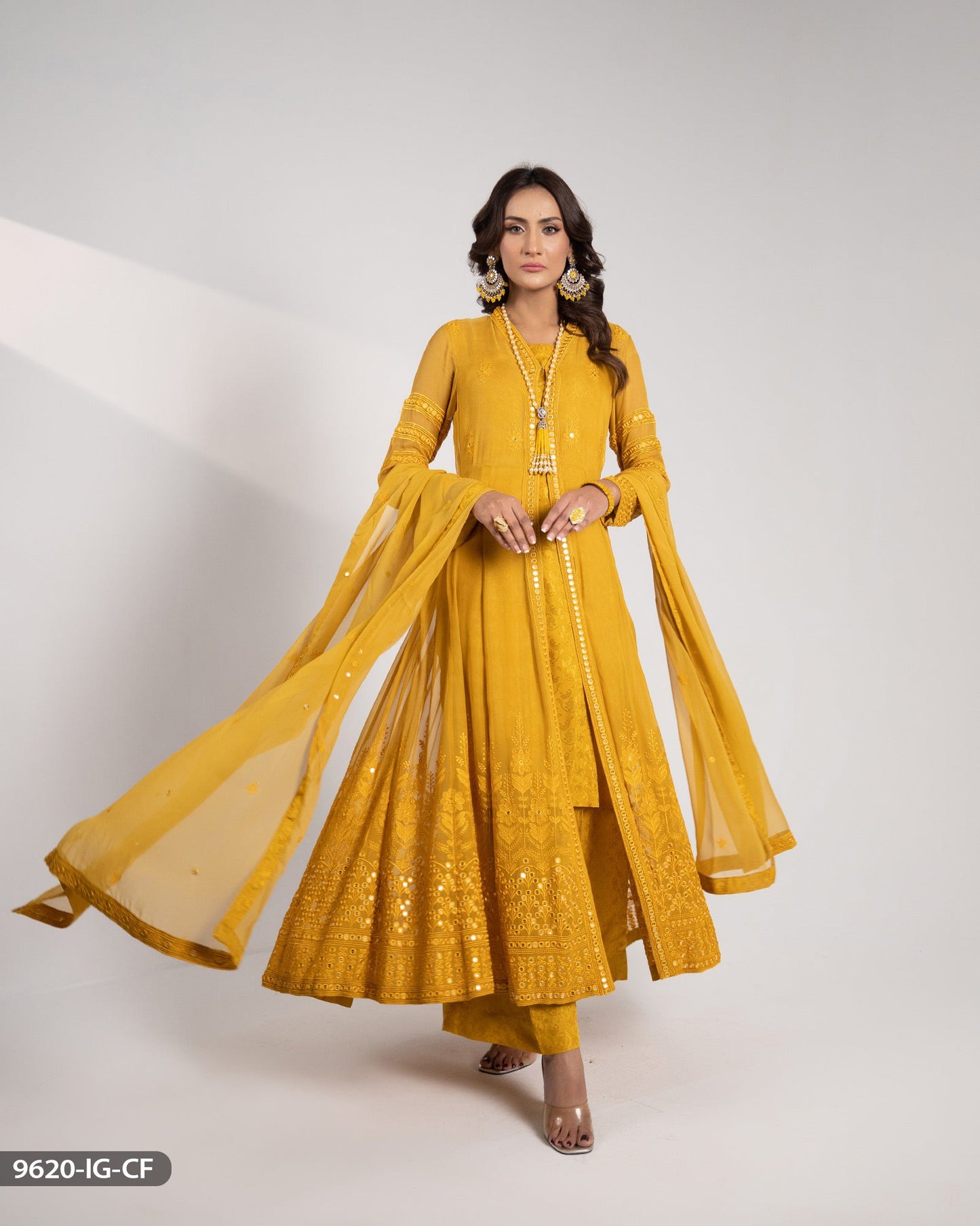 Kinza Hashmi - Chiffon Embroidered Mustard Frock Trouser and Dupatta | 40% OFF