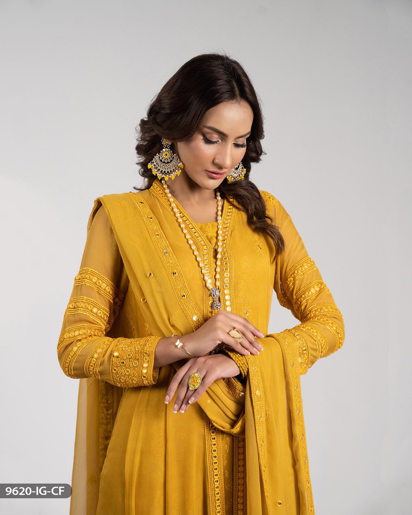 Kinza Hashmi - Chiffon Embroidered Mustard Frock Trouser and Dupatta | 40% OFF