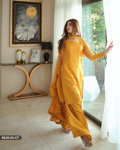 Kinza Hashmi - Chiffon Embroidered Mustard Frock Trouser and Dupatta | 40% OFF