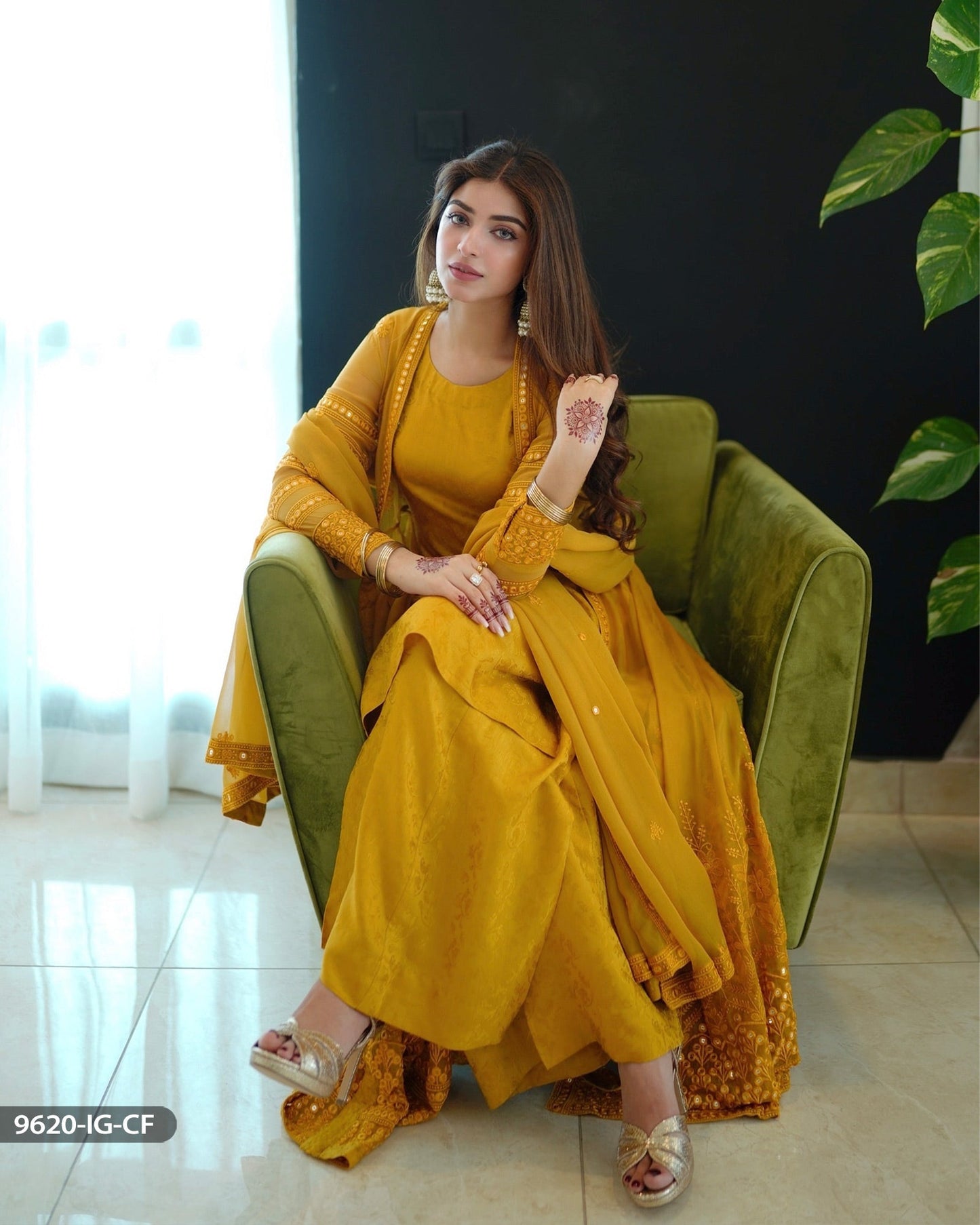 Kinza Hashmi - Chiffon Embroidered Mustard Frock Trouser and Dupatta | 40% OFF