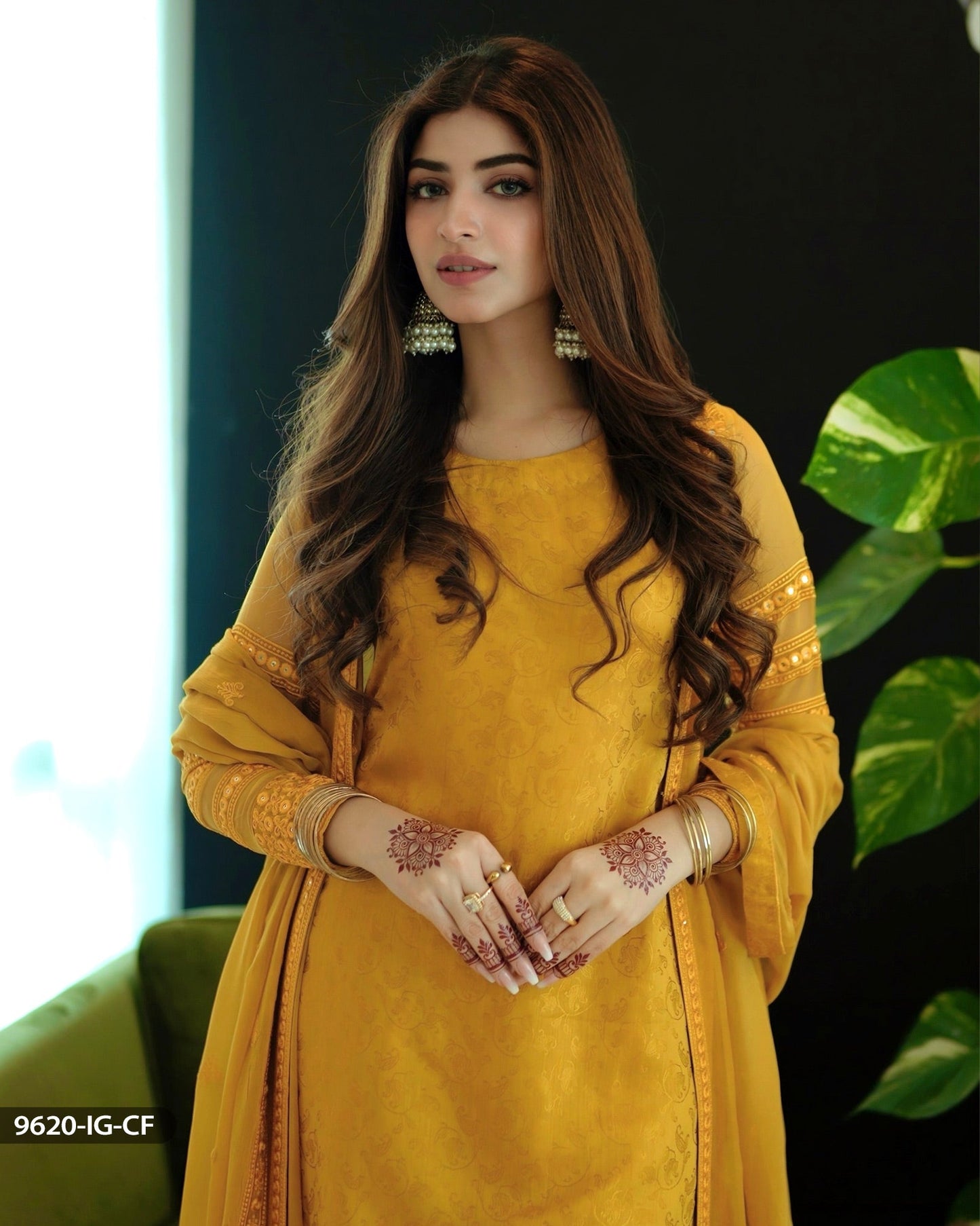 Kinza Hashmi - Chiffon Embroidered Mustard Frock Trouser and Dupatta | 40% OFF