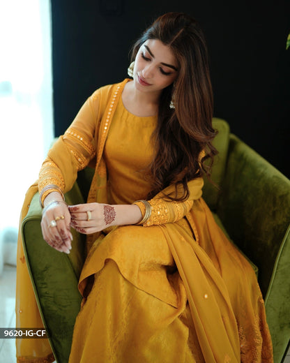 Kinza Hashmi - Chiffon Embroidered Mustard Frock Trouser and Dupatta | 40% OFF
