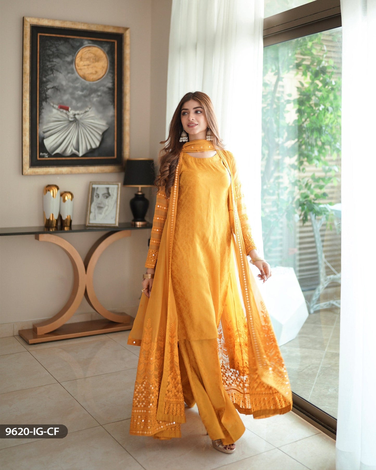 Kinza Hashmi - Chiffon Embroidered Mustard Frock Trouser and Dupatta | 40% OFF