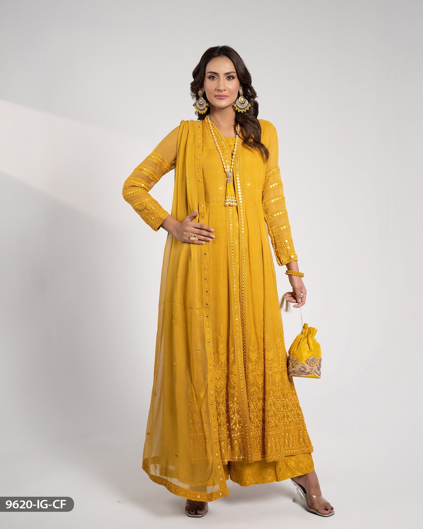 Kinza Hashmi - Chiffon Embroidered Mustard Frock Trouser and Dupatta | 40% OFF
