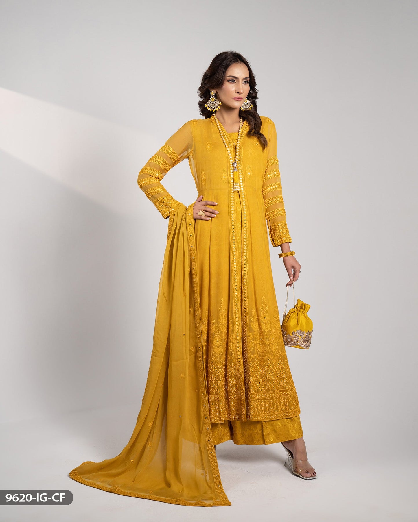 Kinza Hashmi - Chiffon Embroidered Mustard Frock Trouser and Dupatta | 40% OFF