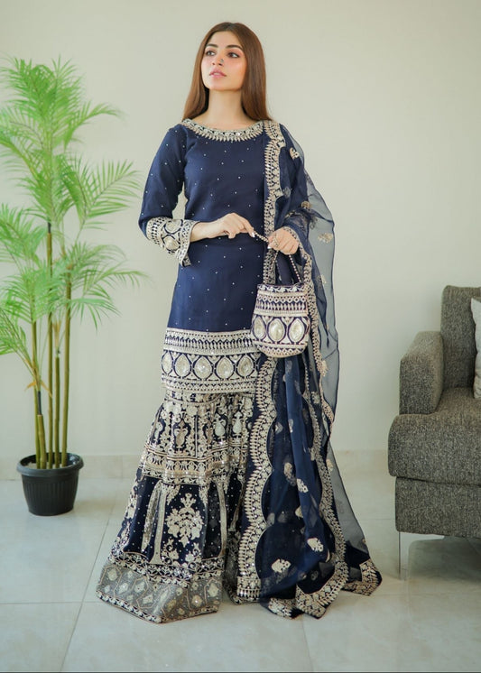 Kinza Hashmi - Bluish Shirt, Gharara and Dupatta - COD | 50% OFF