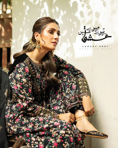 Ayeza Khan -  Black Linen Koti, Long Shirt, Trouser and Dupatta set | 50% OFF