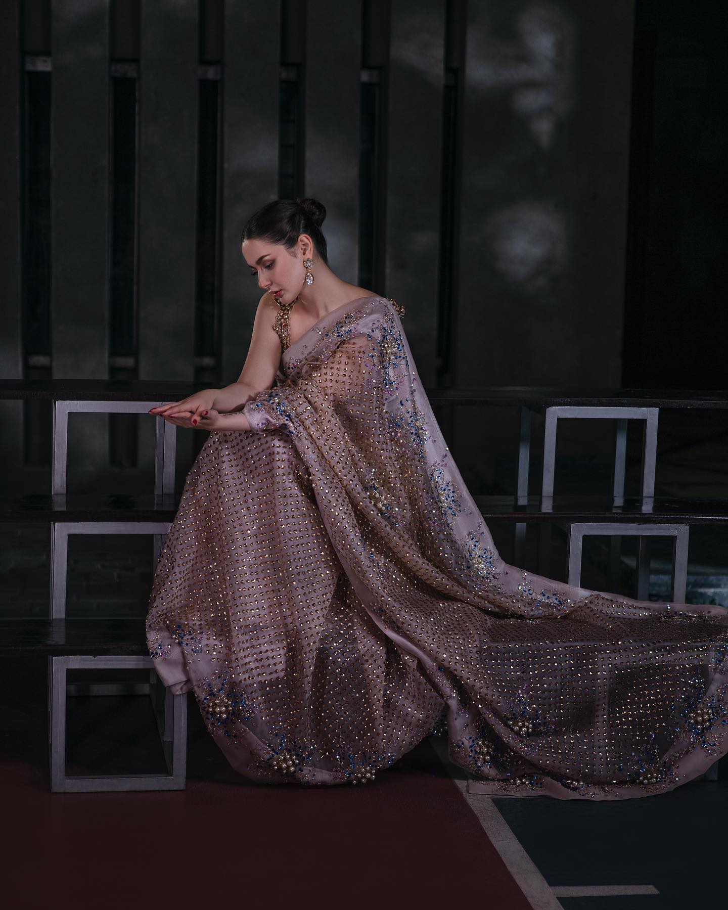 Hania Aamir - Silver Grey Embellished Organza Sari | Cash On Delivery | 60% OFF